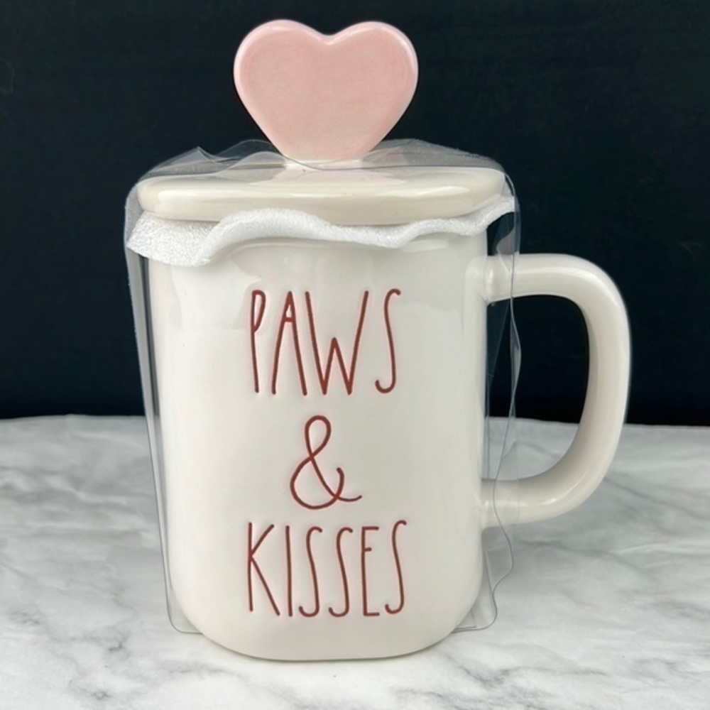 Rae Dunn, ‘Paws & Kisses’ mug and lid. NWT